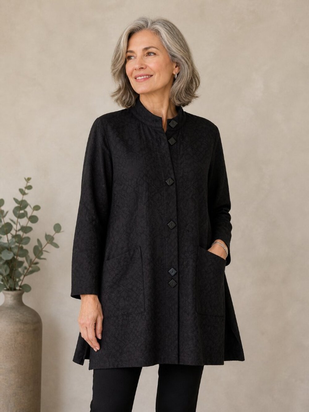 Chalet et Ceci NWT Button Front Mock Neck  A-Line Textured Shirt Dress, Black, M